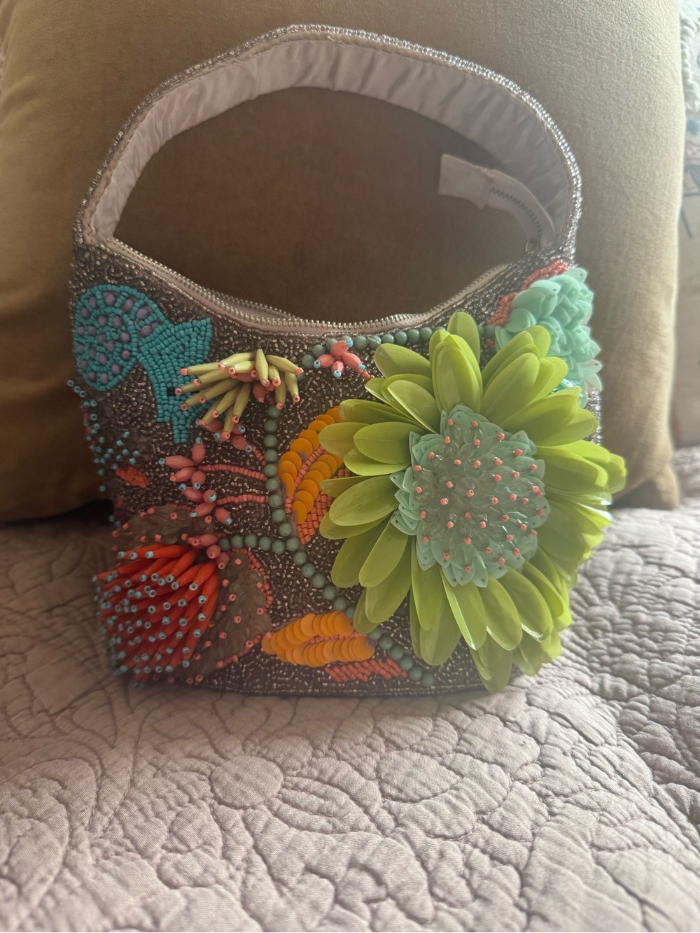 Beaded Floral Accent Clutch in Lime Green and Coral